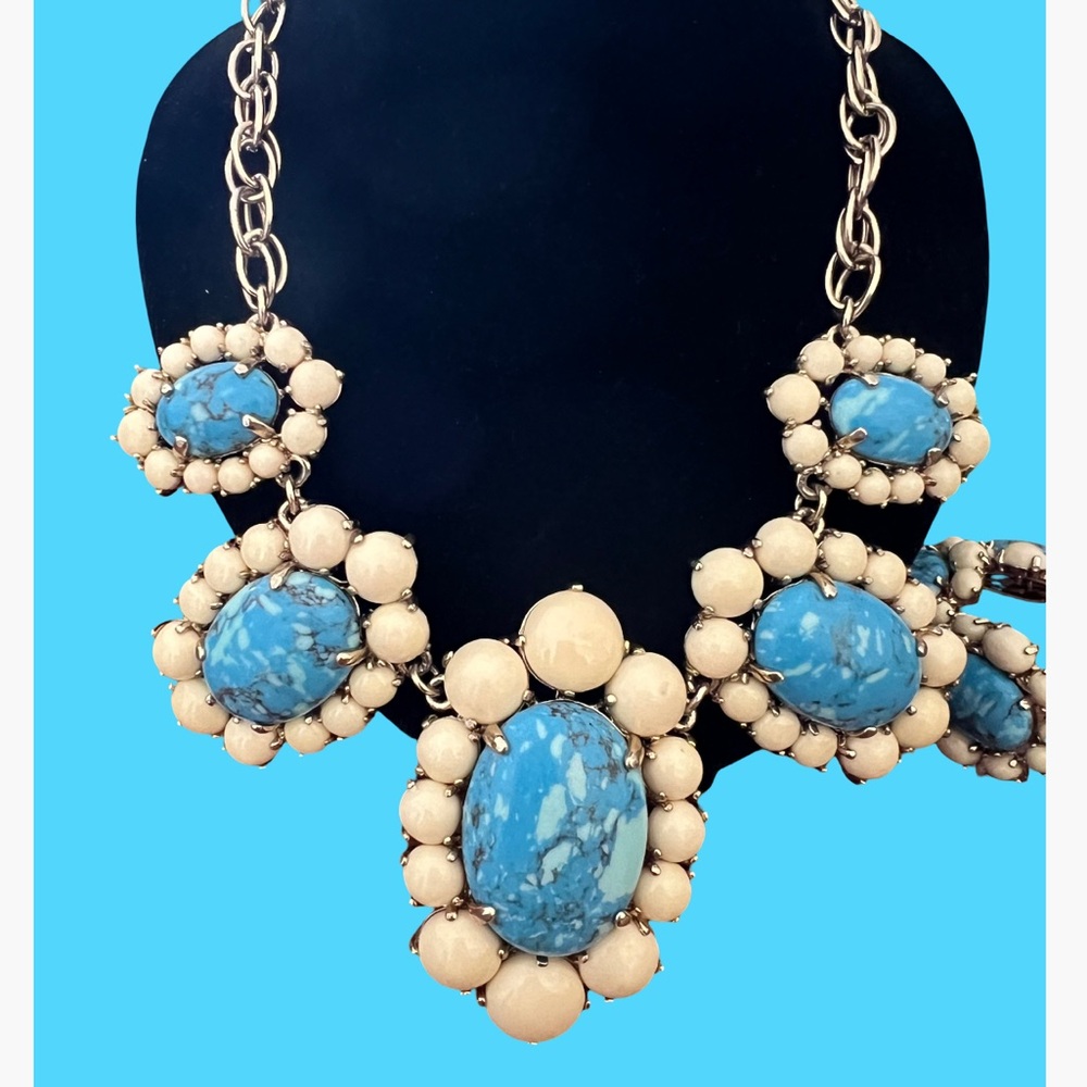 Ann Taylor Turquoise and Cream Cabochon Squash Blossom Necklace and Bracelet Set